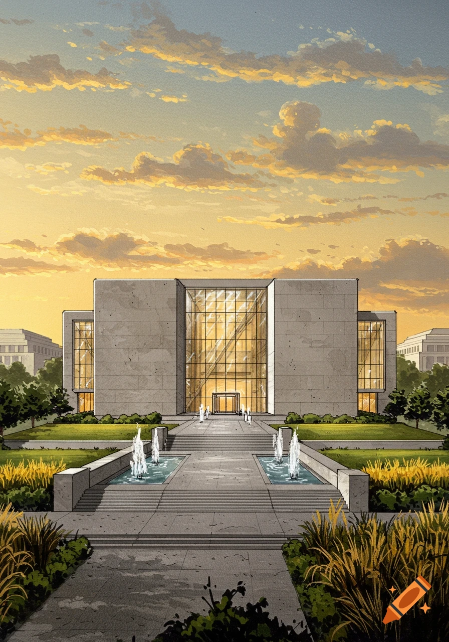 Stylized illustration of a modern concrete and glass building with fountains and a warm, cloudy sky at sunset.