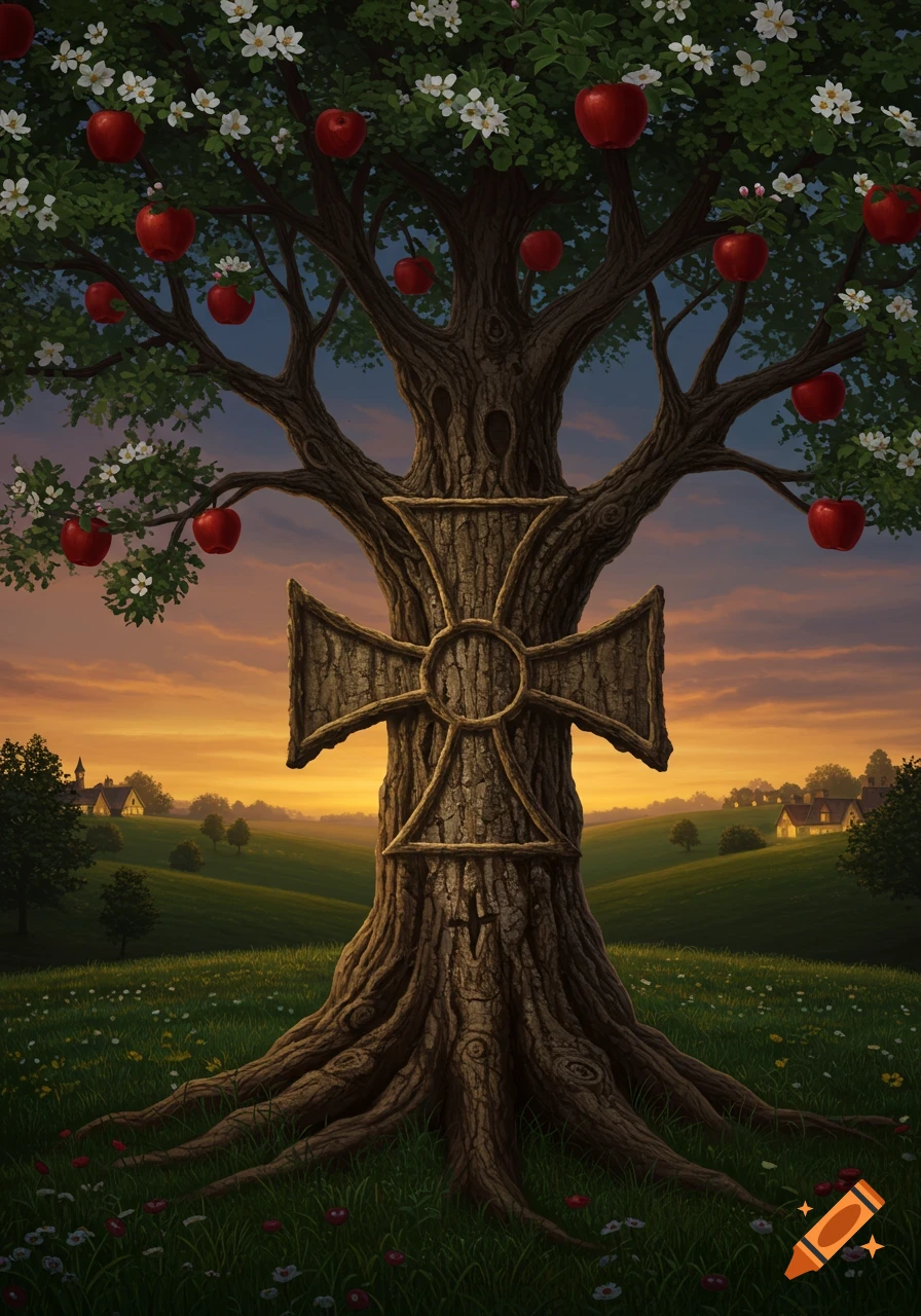 A detailed apple tree with a Croix de Lorraine symbol carved into its trunk, set in a vibrant sunset landscape.