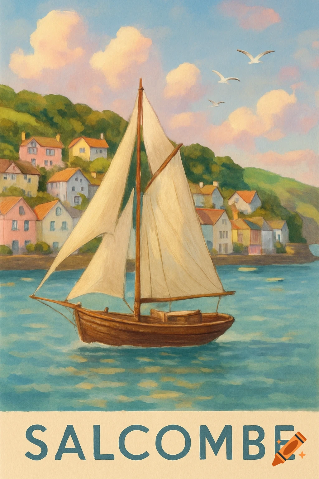 Vintage painting of a sailboat on blue water in front of a colorful hillside village with "SALCOMBE" text below.