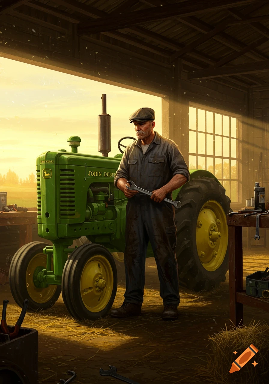 A grizzled mechanic holding a wrench next to a vintage green tractor inside a sunny barn, rendered in a photorealistic style.