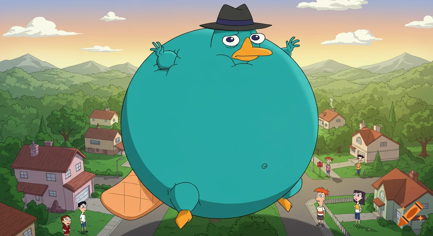 Massively inflated Perry the Platypus floats over a cartoon neighborhood with an embarrassed expression.