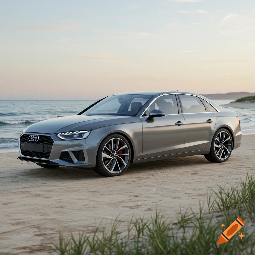 A gray Audi A4 2020 sedan with 19-inch rims parked on a sandy beach by the ocean at sunset.