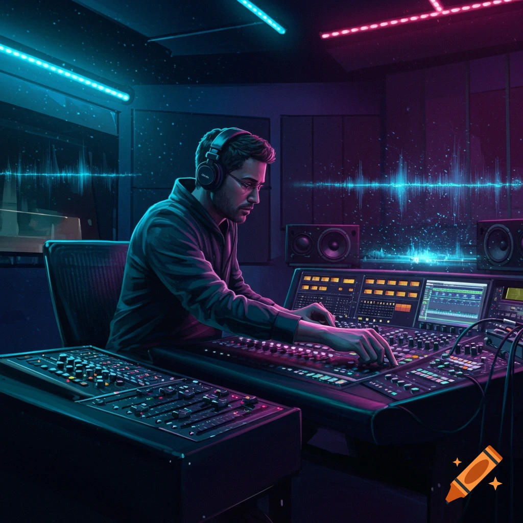 A man wearing headphones operates a large mixing console in a dark recording studio illuminated by neon blue and pink lights.