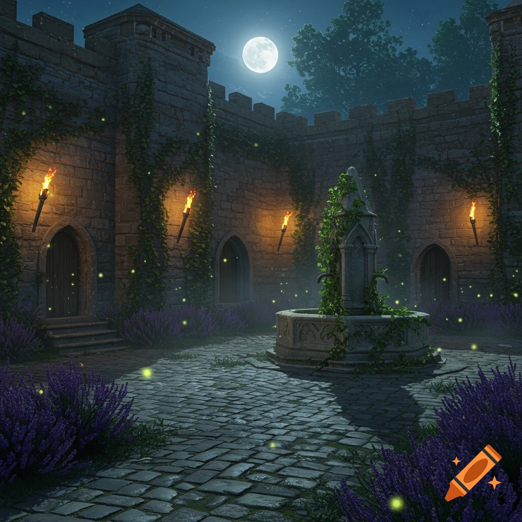 A moonlit medieval courtyard with stone walls, torches, a fountain, purple lavender, and glowing fireflies under a full moon.