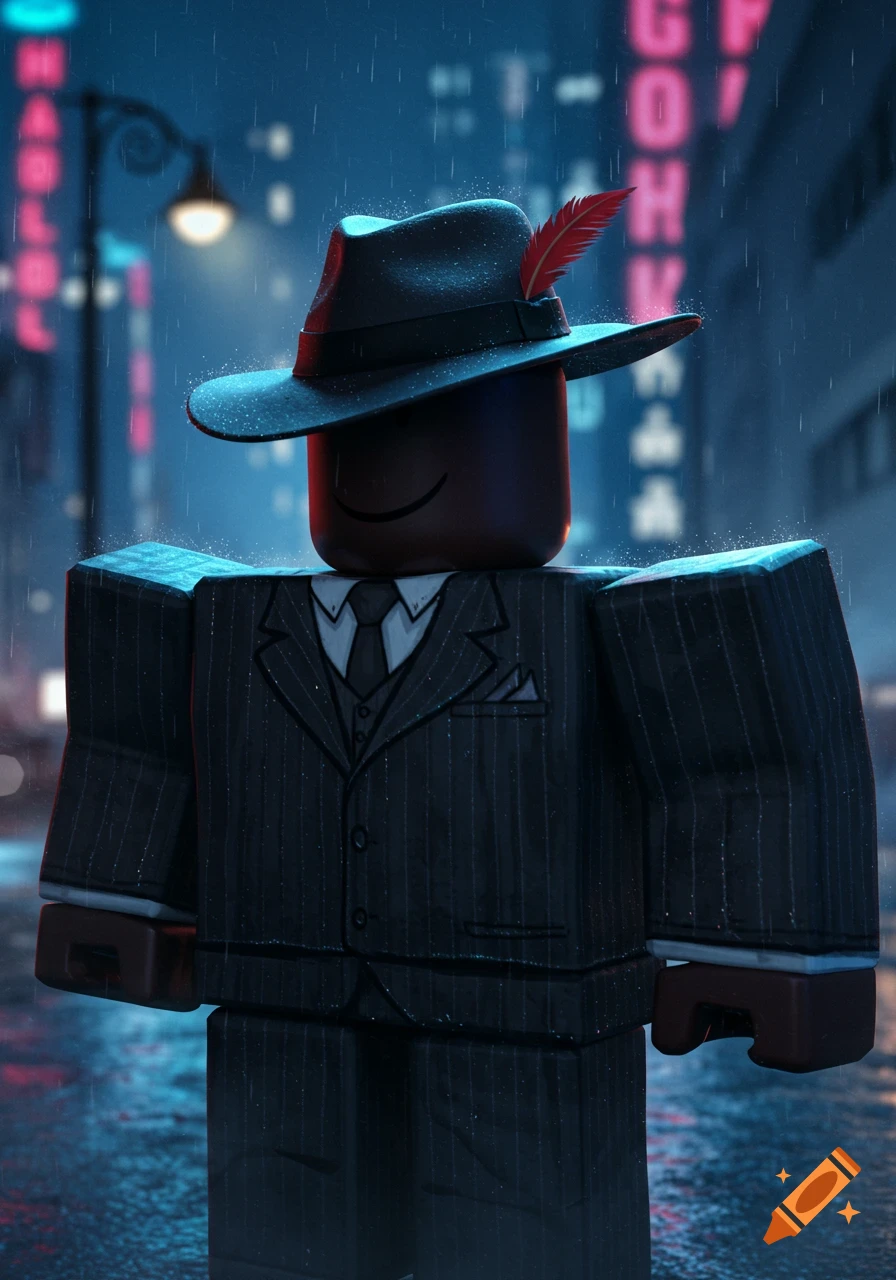Dark-skinned Roblox character in a pinstripe suit and fedora with a red feather, standing in a rainy neon-lit city at night.