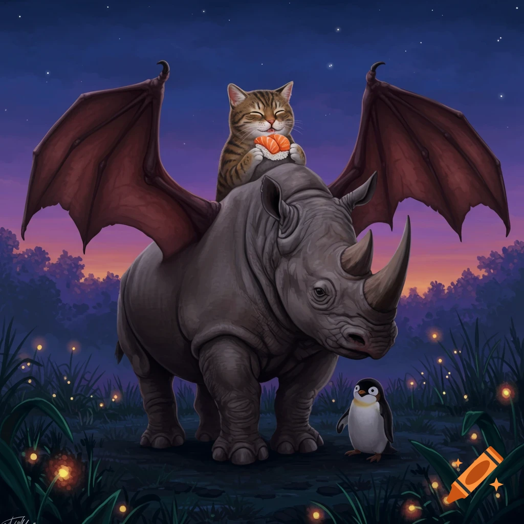 A smiling, striped cat eats sushi while riding on the back of a winged rhinoceros at night, with a small penguin standing beside them in a glowing field.