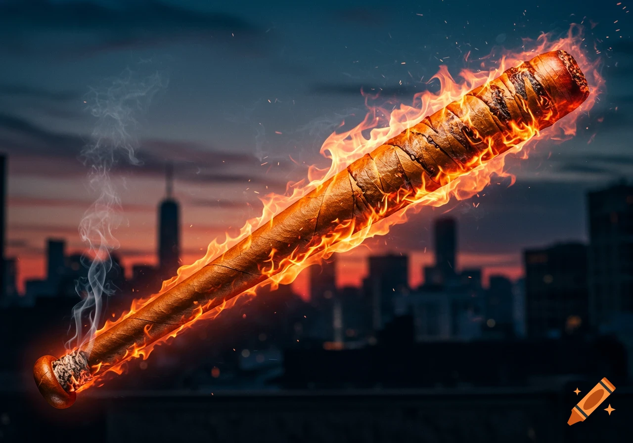 A fiery cigar-wrapped baseball bat engulfed in flames against a blurred city skyline at dusk.