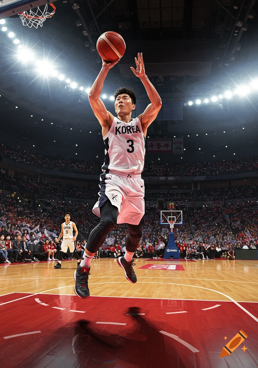 A male basketball player in a white 'KOREA' jersey with number 3 jumps to shoot a basketball in a brightly lit arena filled with spectators.