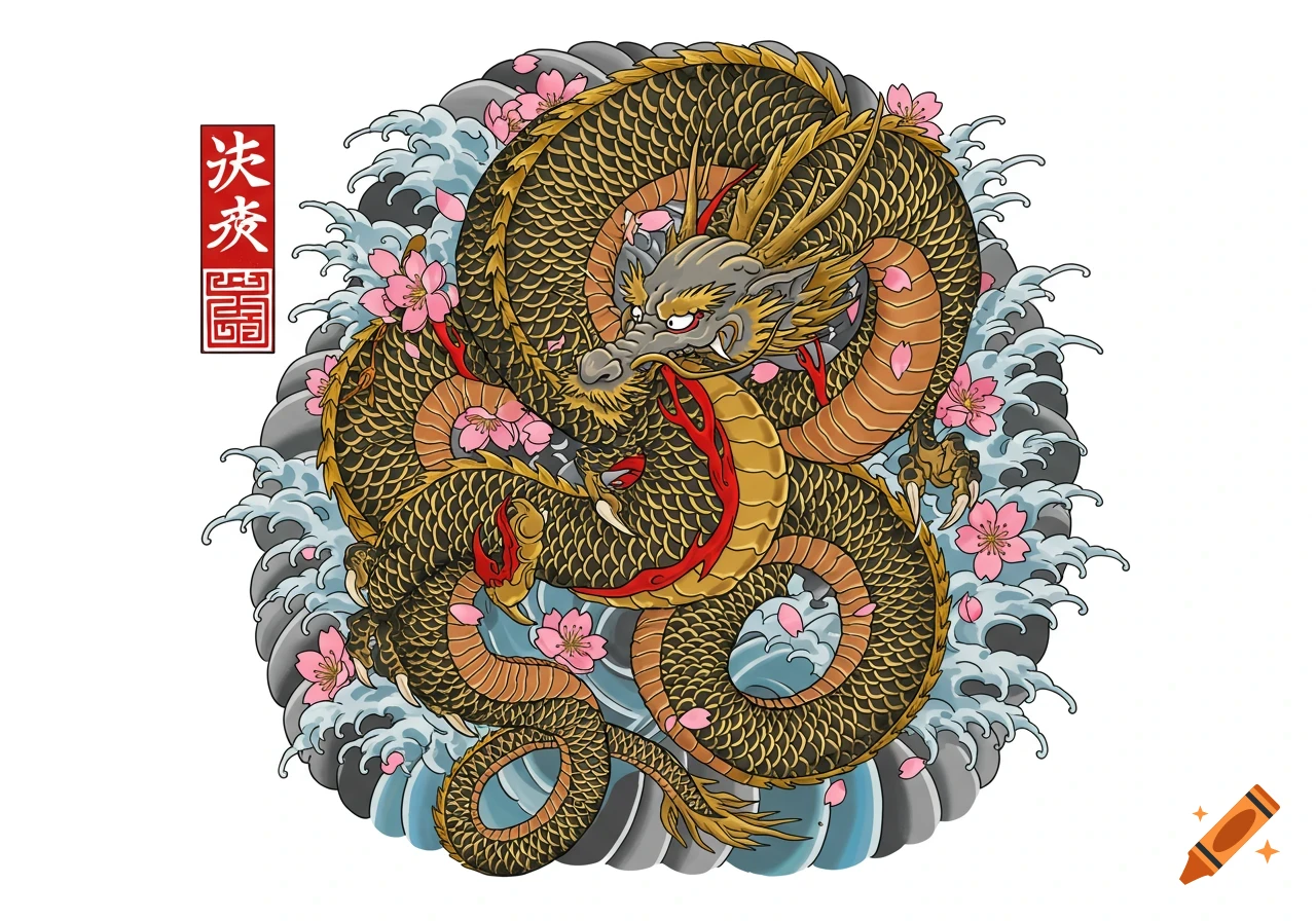 Traditional Japanese Irezumi-style illustration of a black and gold dragon with red accents, surrounded by pink cherry blossoms and blue waves.