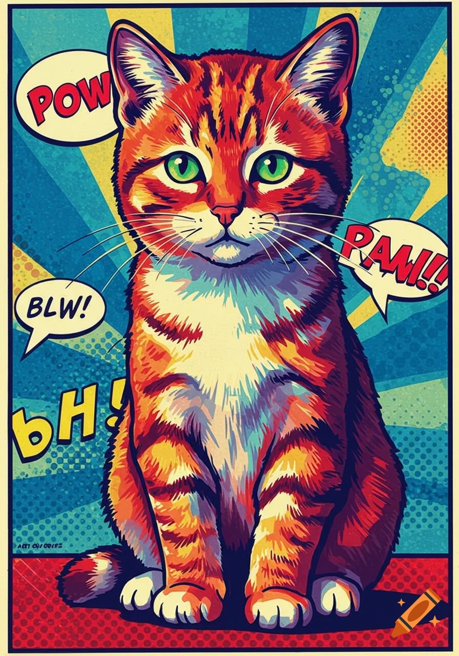 A vibrant Pop Art poster featuring an orange tabby cat with green eyes, surrounded by comic book-style exclamations like "POW" and "RAM!!" on a blue and red background.