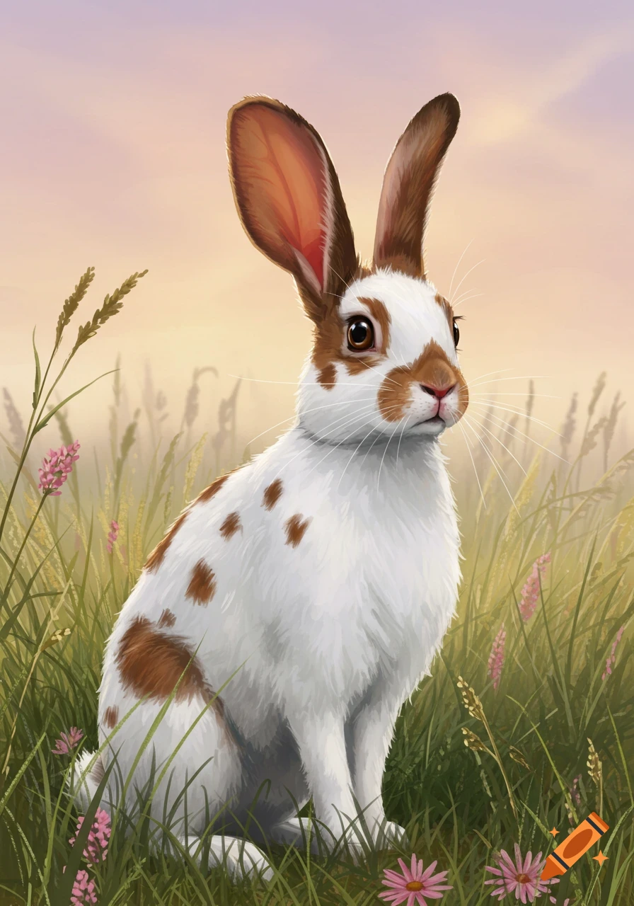 An illustrative spotted whitelop rabbit with long brown ears sits in a grassy field with pink flowers under a soft sky.