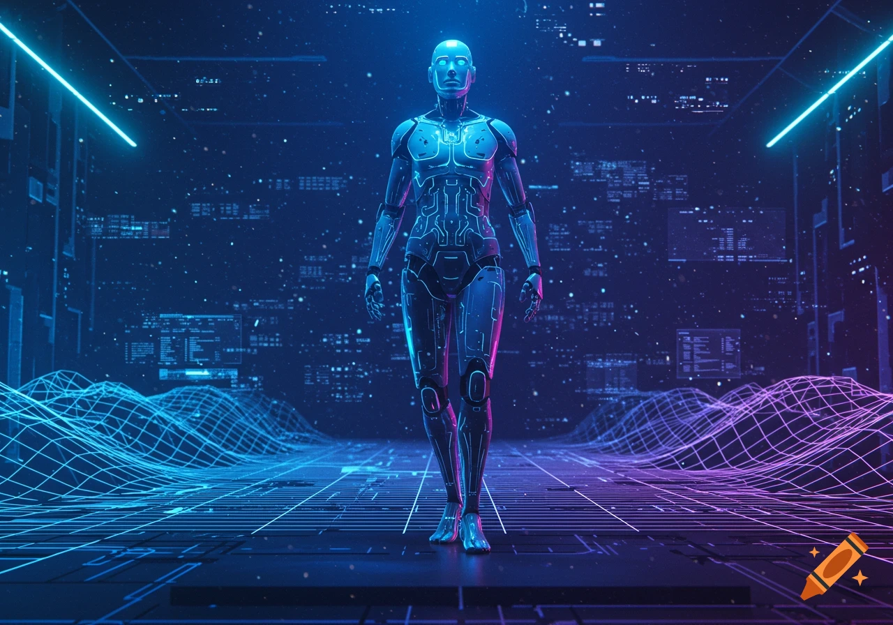 A metallic blue and purple humanoid robot stands centrally in a dark, glowing futuristic digital landscape with wireframe terrain and data screens.