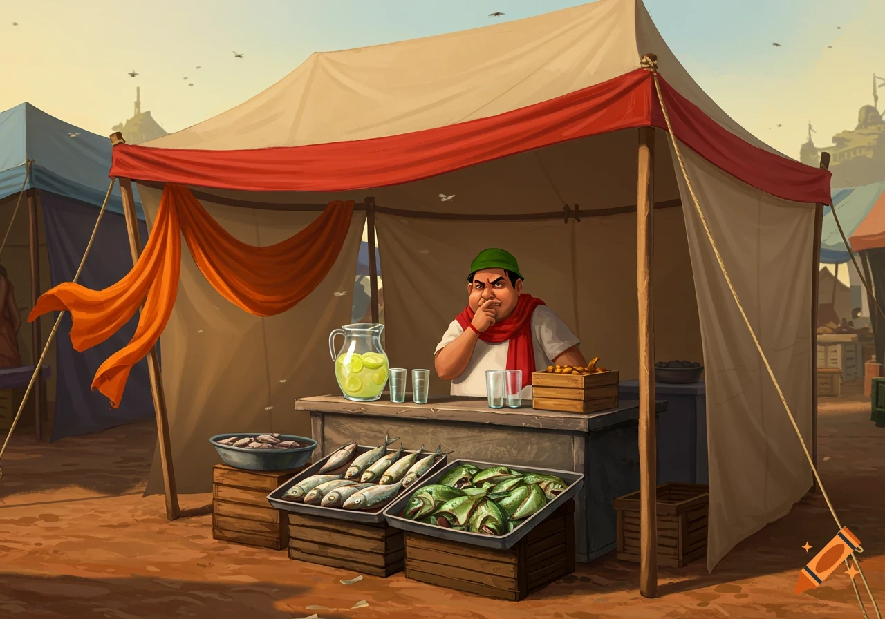 Cartoon illustration of a disgusted Indian lemonade vendor holding his nose next to trays of fish and a lemonade pitcher at a market tent.