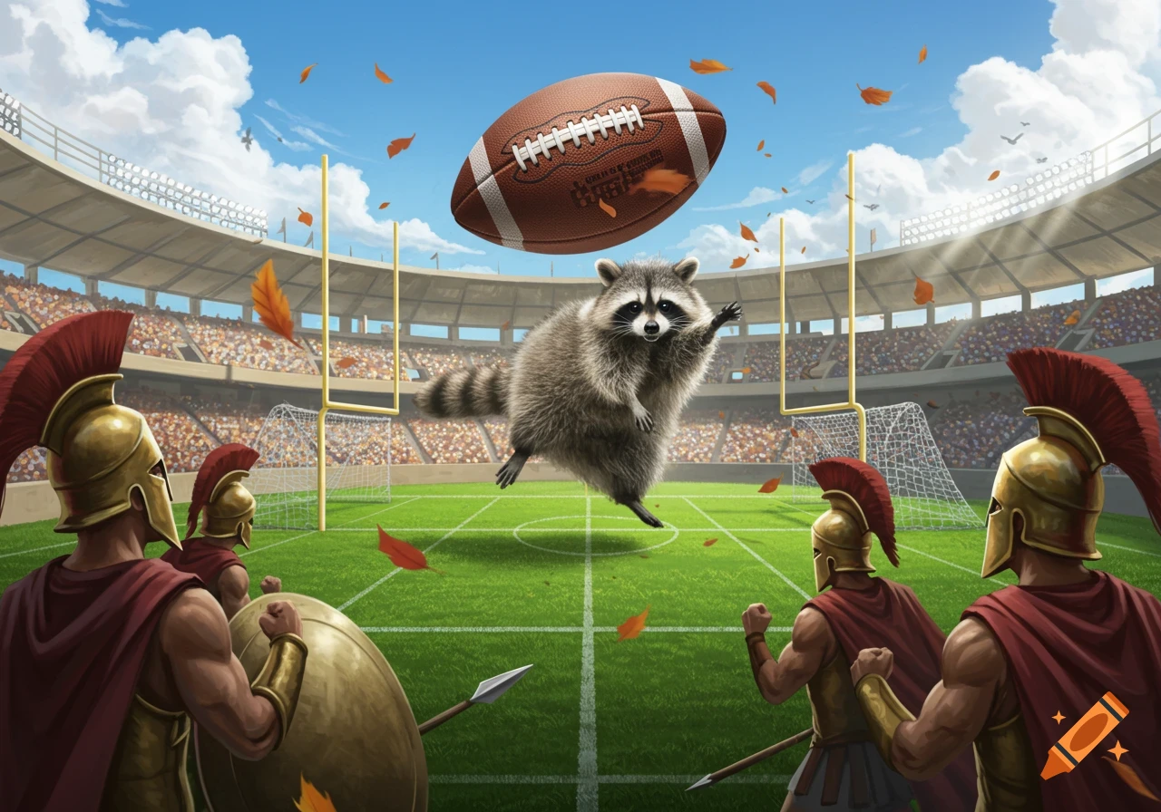 A cartoon raccoon shaped like a football flies through goal posts in a stadium, with Spartan warriors watching.