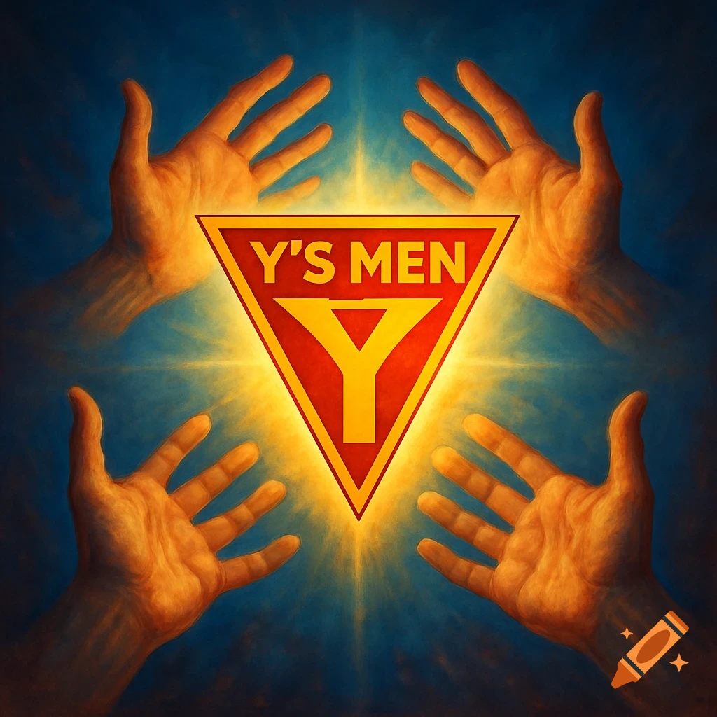 Four stylized hands reach towards a glowing red and yellow triangular logo featuring a large 'Y' and the text 'Y'S MEN' on a dark blue background.