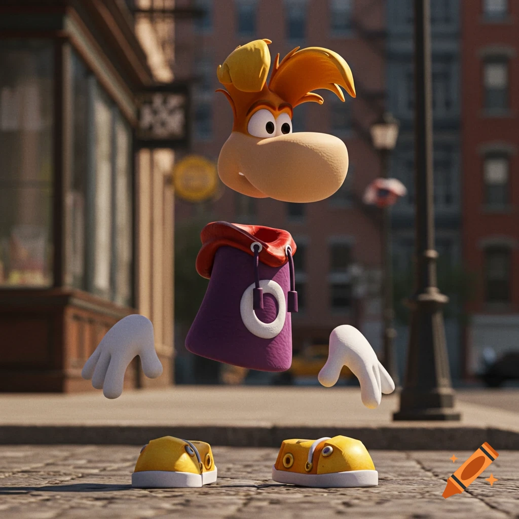 3D render of Rayman, the video game character with detached limbs, floating in a sunny city street.