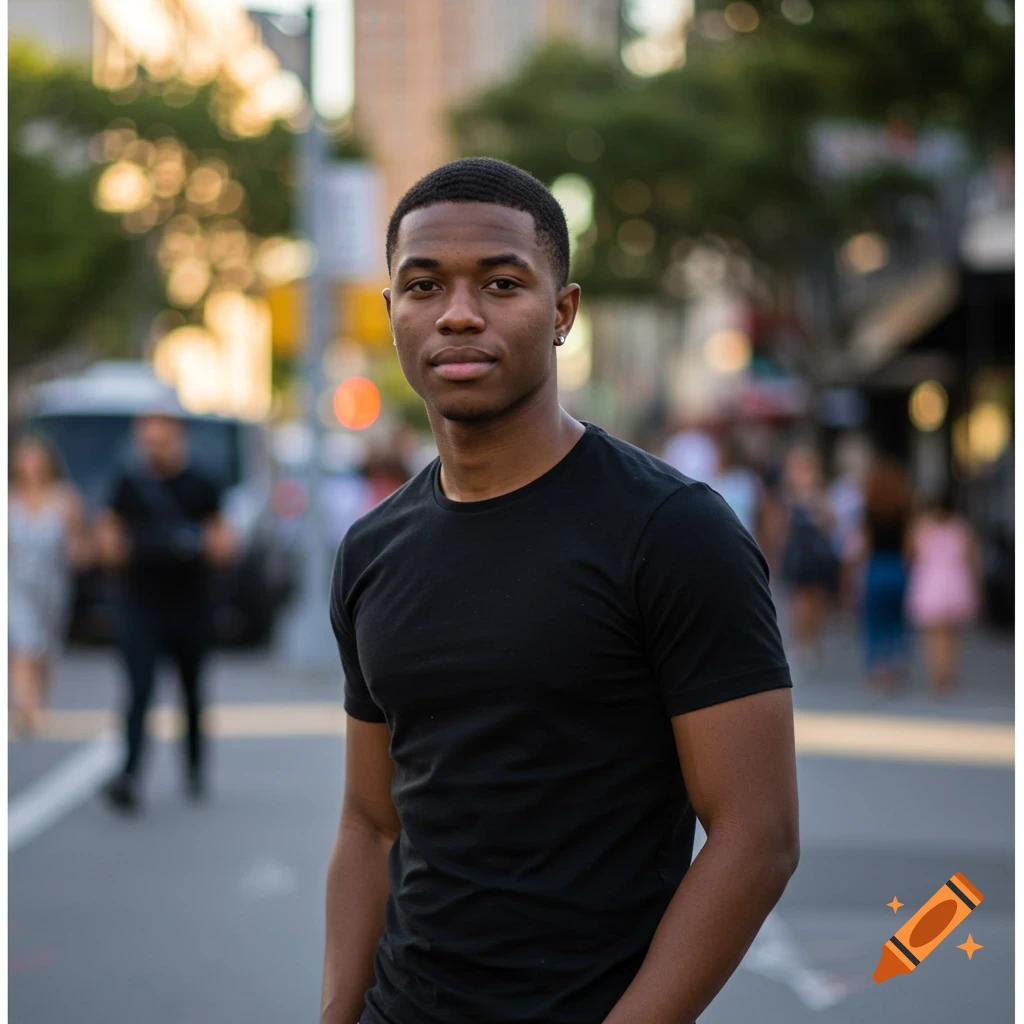 A young man with dark skin and a black t-shirt stands on a city street, looking directly at the camera. The background is blurred with bokeh lights.