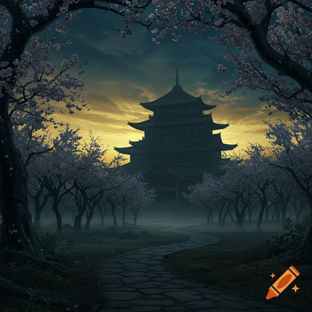 Dark Japanese pagoda framed by cherry trees and a stone path, under a misty sunset sky.