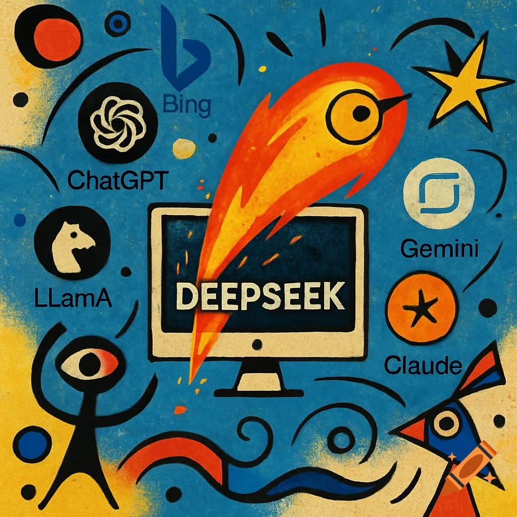 Abstract illustration in Joan Miro style showing 'DEEPSEEK' on a monitor, surrounded by logos of Bing, ChatGPT, LLaMA, Gemini, and Claude.