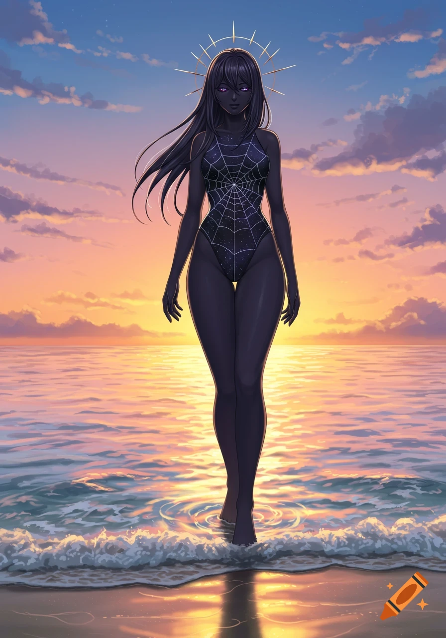 An anime goddess with dark skin and long hair, wearing a spiderweb swimsuit, walks out of the ocean at sunset.