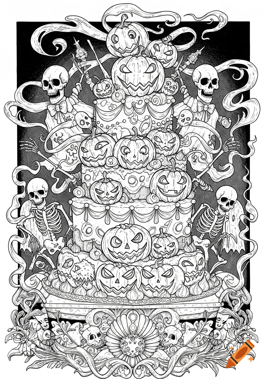 Detailed black and white line drawing of a multi-tiered Halloween cake adorned with jack-o'-lanterns and skeletons.