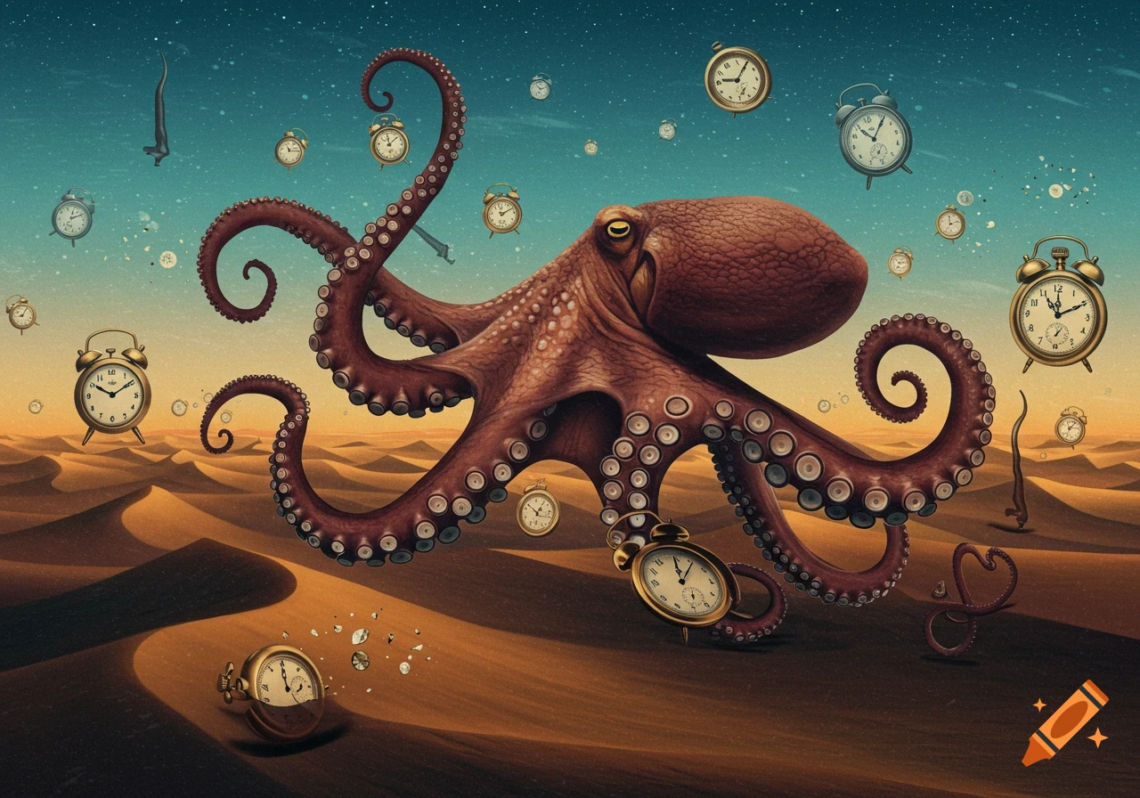 A surreal painting of a large brown octopus with long, curling tentacles. It hovers above a desert landscape with sand dunes, while numerous alarm clocks float in the starry, gradient sky and lie scattered on the sand.