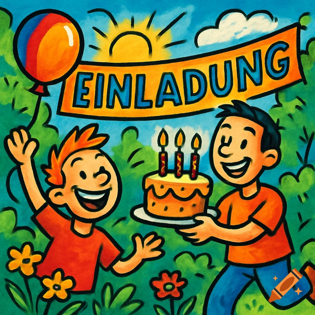 Two smiling boys in a comic art style celebrating outdoors, one holding a balloon and the other a birthday cake, with an 'Einladung' banner.