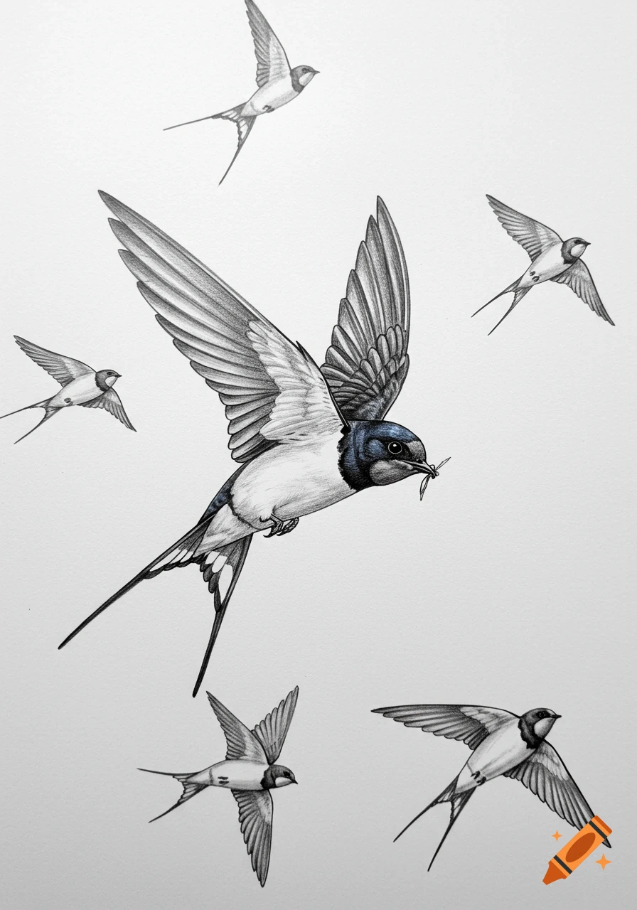 Monochrome pencil drawing of a swallow diving after an insect, with five other swallows flying in the background.
