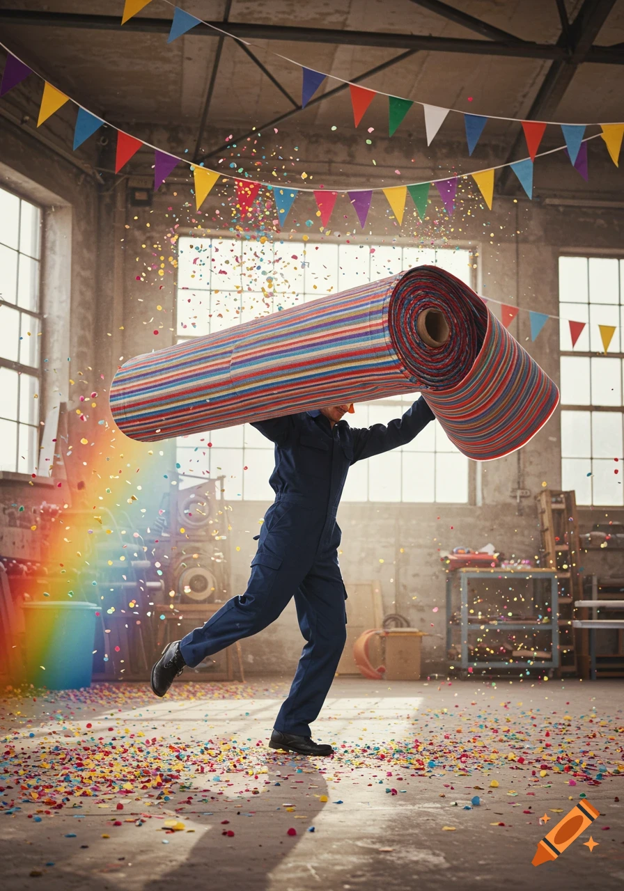 Person in blue overalls dances in a sunlit workshop, carrying a large striped cloth roll, surrounded by flying confetti and colorful flags.