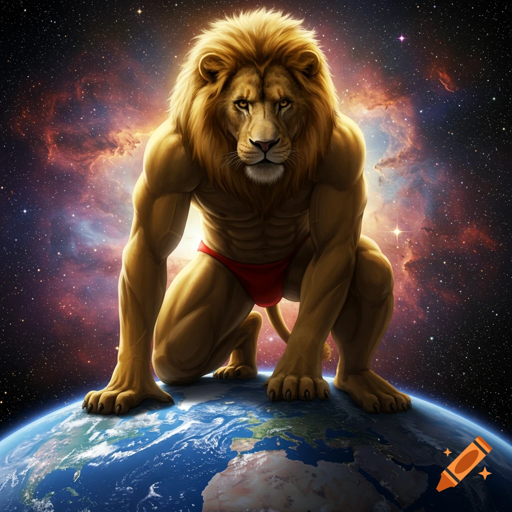 A giant, muscular anthropomorphic lion in a red speedo kneels on Earth, towering into the starry, nebula-filled cosmos.