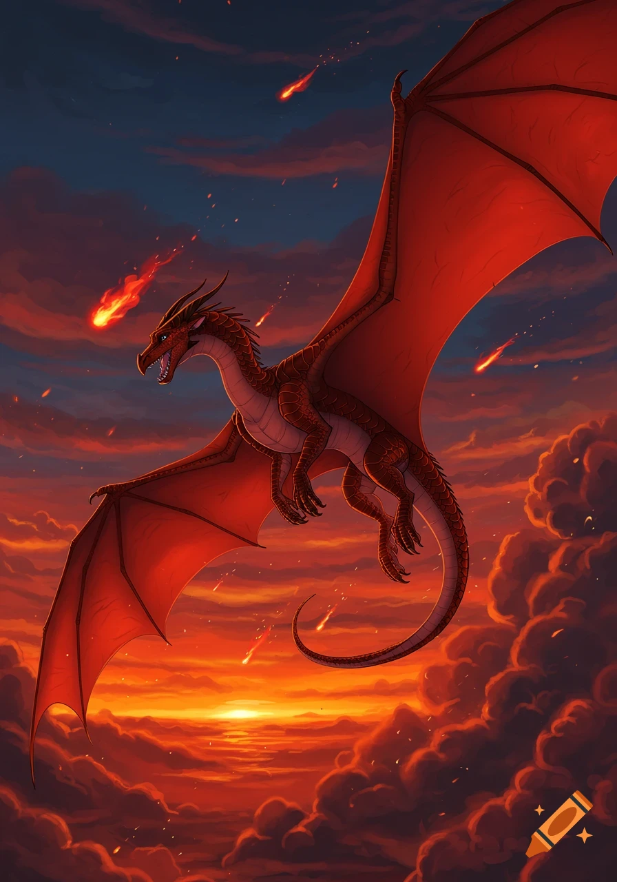 A red dragon with large wings soars through a fiery orange and red sunset sky, with small meteorites falling.