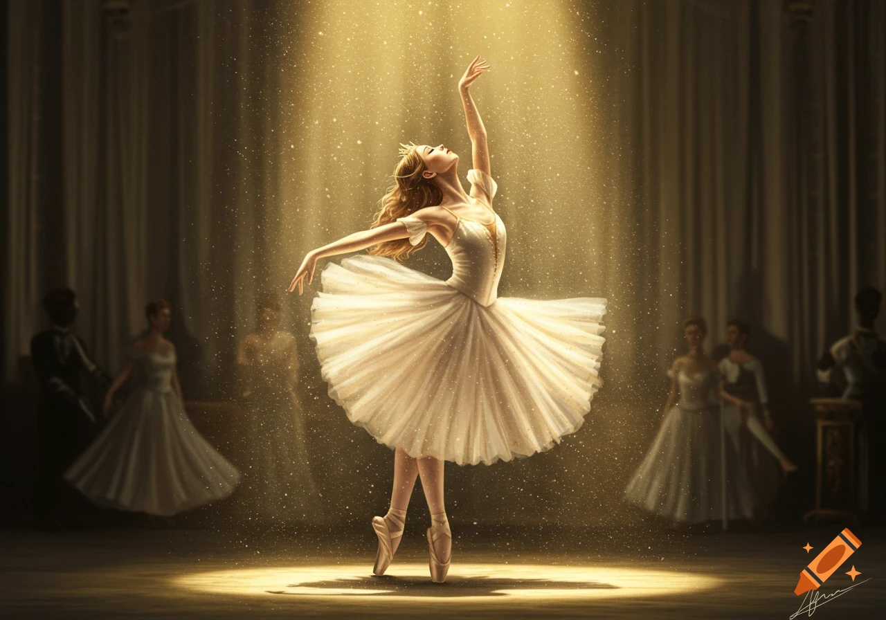 A ballerina in a white tutu dances en pointe under a golden spotlight with sparkling dust on a dark stage.