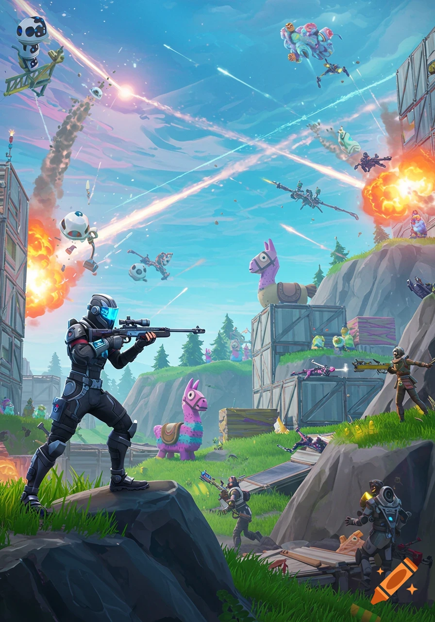 A vibrant Fortnite battle scene with multiple characters, llamas, explosions, and projectiles in a stylized landscape under a blue sky.