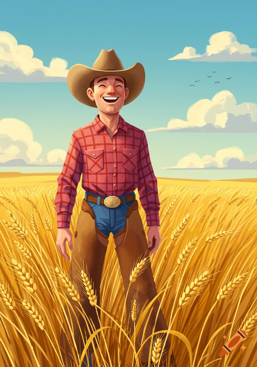 A smiling man in a cowboy hat, plaid shirt, jeans, and chaps stands in a golden wheat field under a bright sky, illustrated.