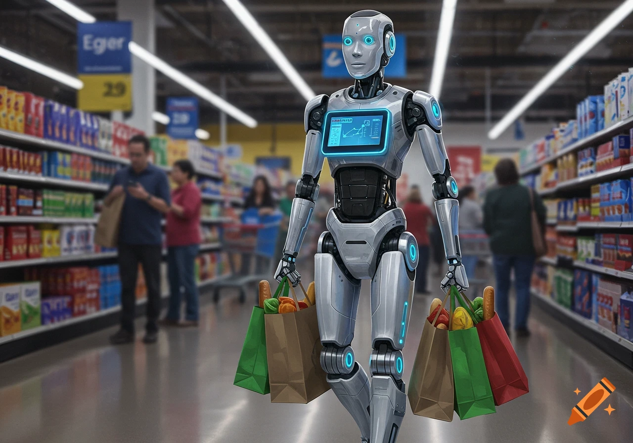 A photorealistic robot, silver and black with glowing blue accents, walks down a supermarket aisle carrying grocery bags.