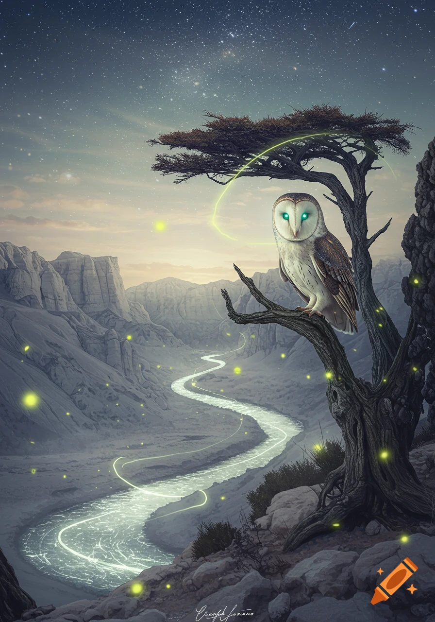 A barn owl with glowing eyes perched on a gnarled tree branch overlooking a mystical valley with a glowing river and stars in the sky.