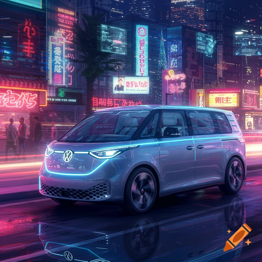 A silver Volkswagen ID. Buzz drives down a neon-lit cyberpunk city street at night, with reflections on the wet road.