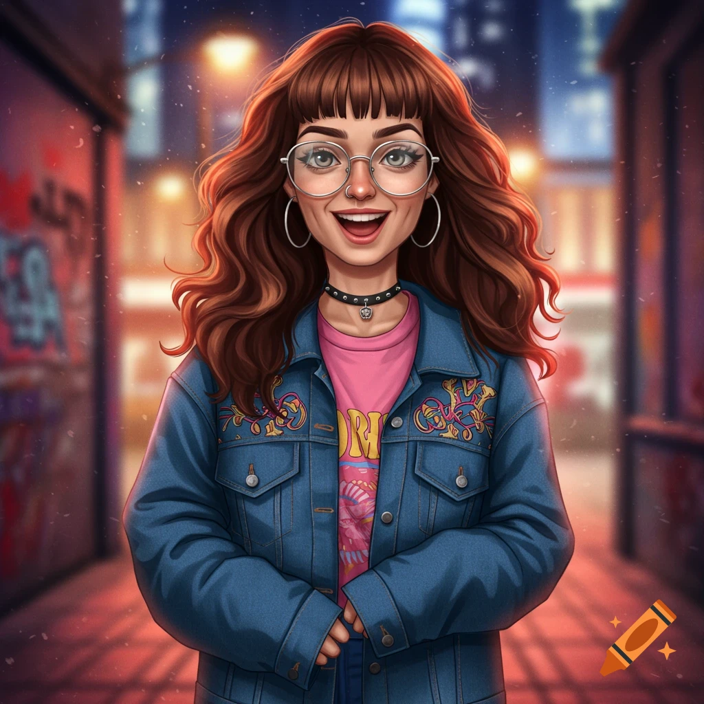 A cartoon portrait of a smiling woman with wavy brown hair, bangs, glasses, nose ring, and hoop earrings, wearing a denim jacket and pink t-shirt in a city alley at night.