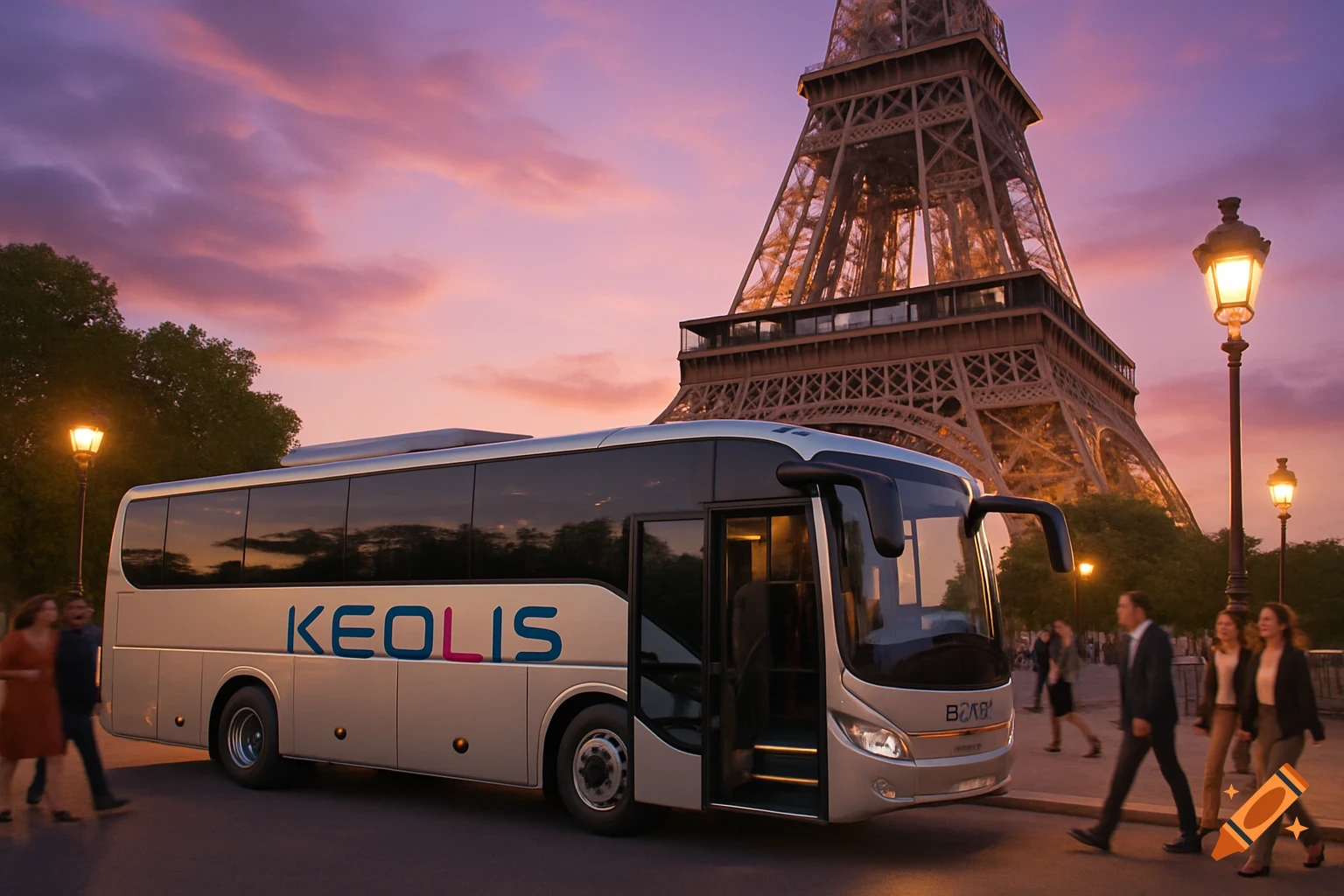 A modern silver and blue Keolis bus parked in front of the Eiffel Tower in Paris at sunset, with people walking.
