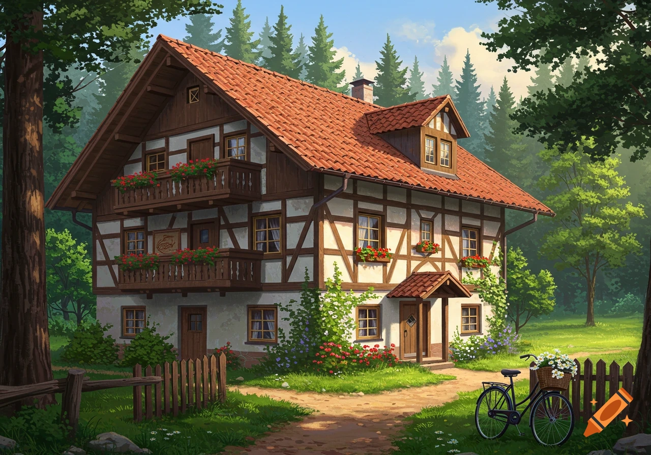 A picturesque half-timbered house with a red roof and flower-filled balconies, nestled in a vibrant green forest, with a bicycle by a fence.