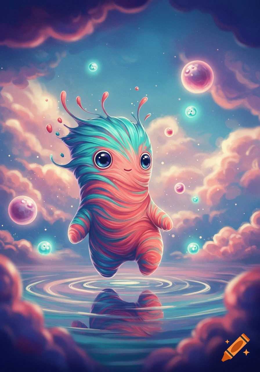 A whimsical, striped creature with large eyes floats above water with ripples, surrounded by glowing bubbles and pastel pink and blue clouds.