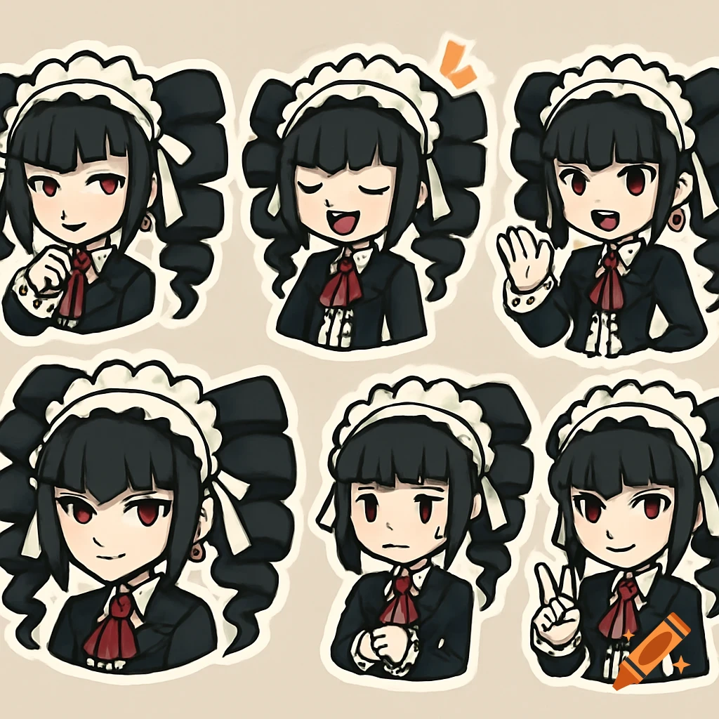 Six chibi-style stickers of Celestia Ludenberg, a pale-skinned girl with black drill-curl pigtails, red eyes, and a maid headband, in various poses.