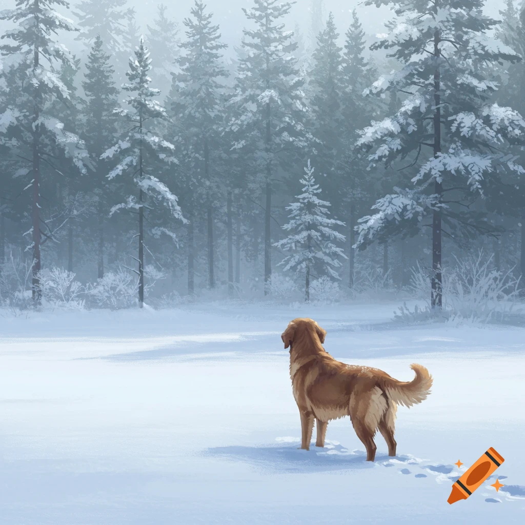 A golden retriever stands in a snowy forest, looking away into the snow-covered trees, with footprints in the snow.