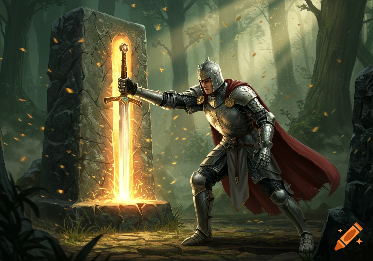 A knight in shining armor pulls a glowing sword from a stone in a mystical forest, fantasy art.