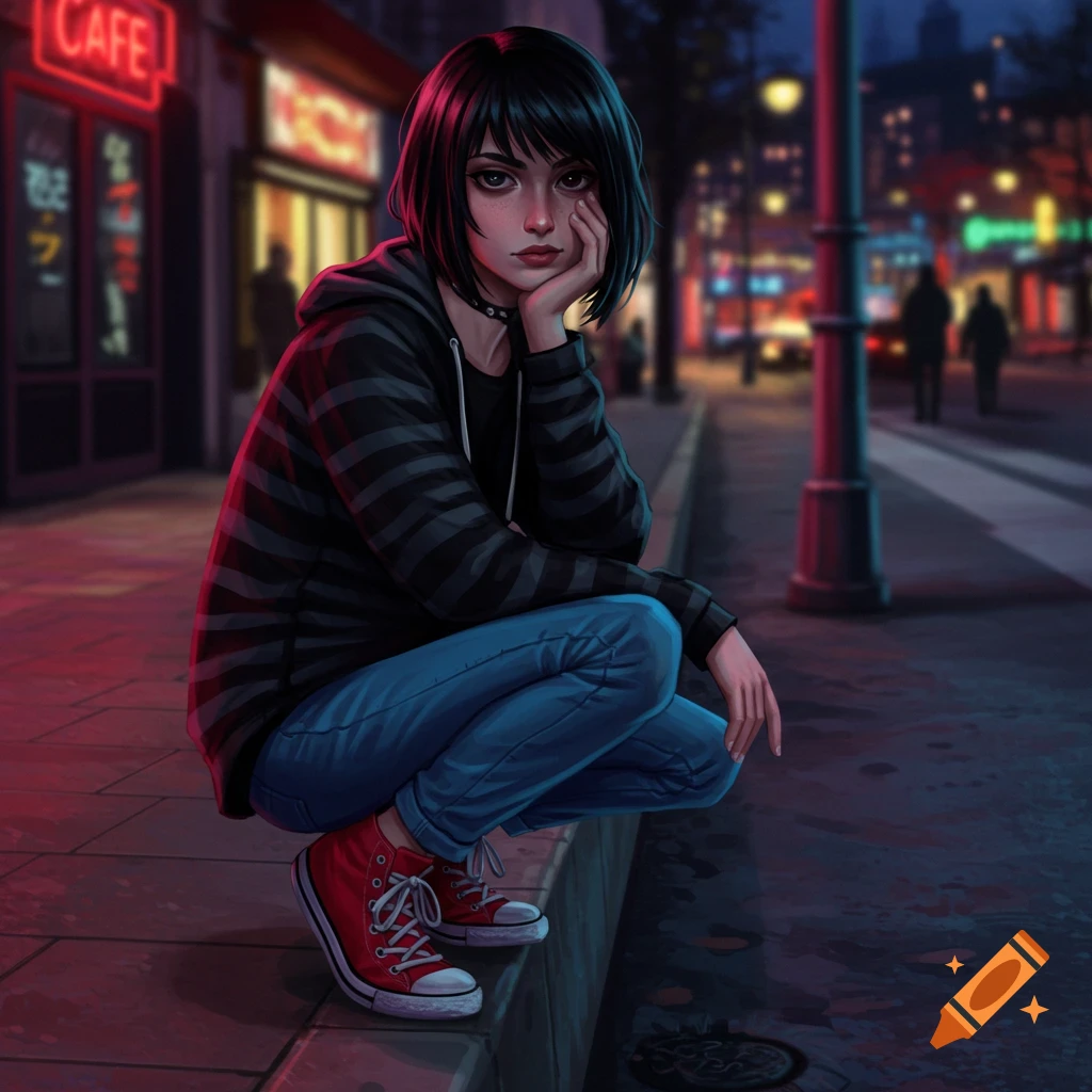 Digital art of a young woman with a black bob, striped hoodie, blue jeans, and red sneakers, crouching on a neon-lit city street at night.