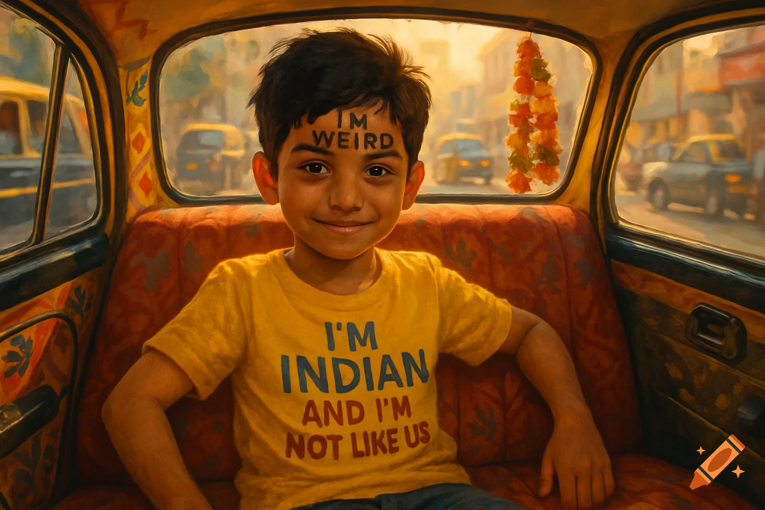 A young Indian boy with "IM WEIRD" on his forehead and wearing a yellow shirt with "I'M INDIAN AND I'M NOT LIKE US" sits smiling in a taxi.