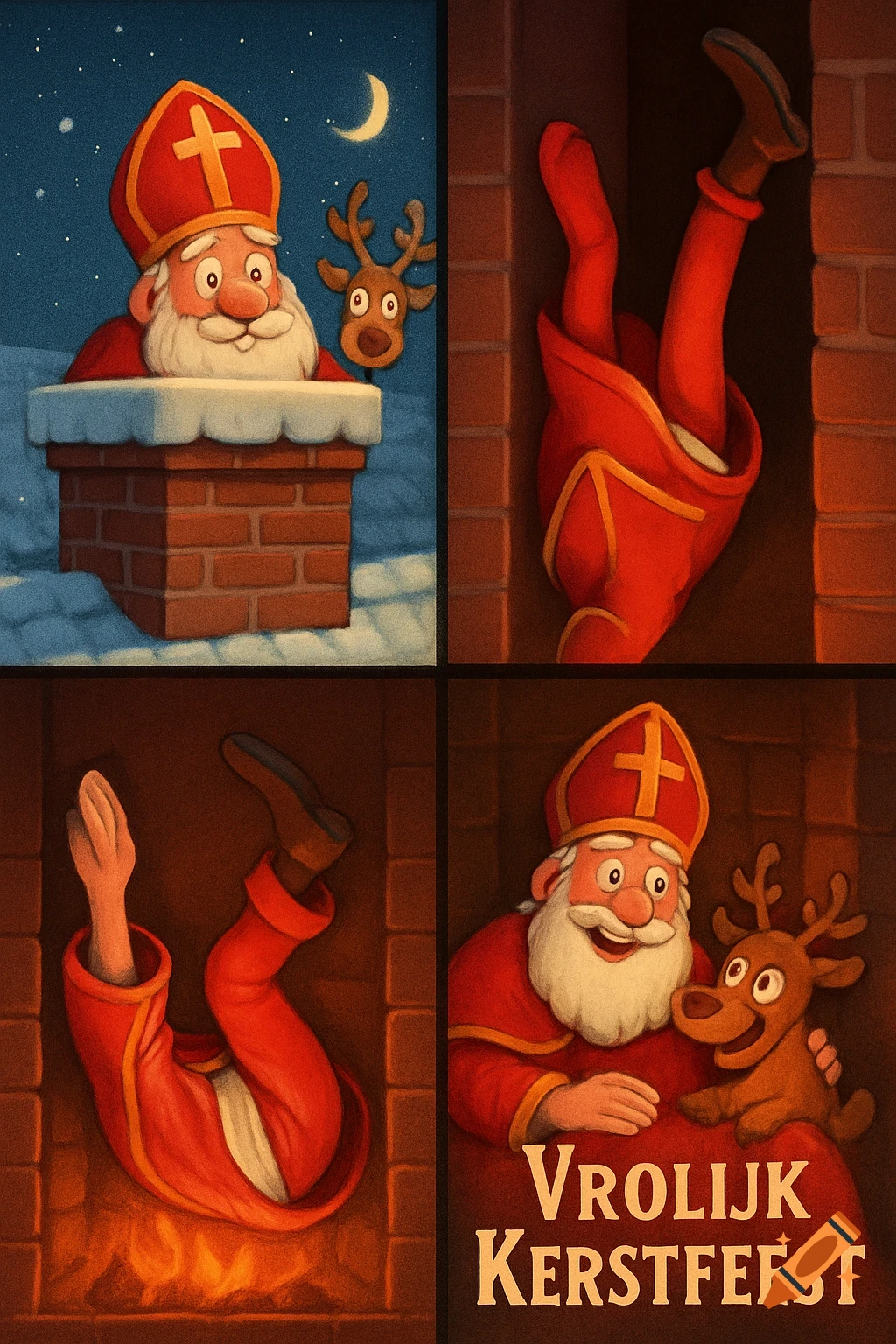 A four-panel cartoon showing Sinterklaas and a reindeer falling down a chimney, ending with 'Vrolijk Kerstfeest'.