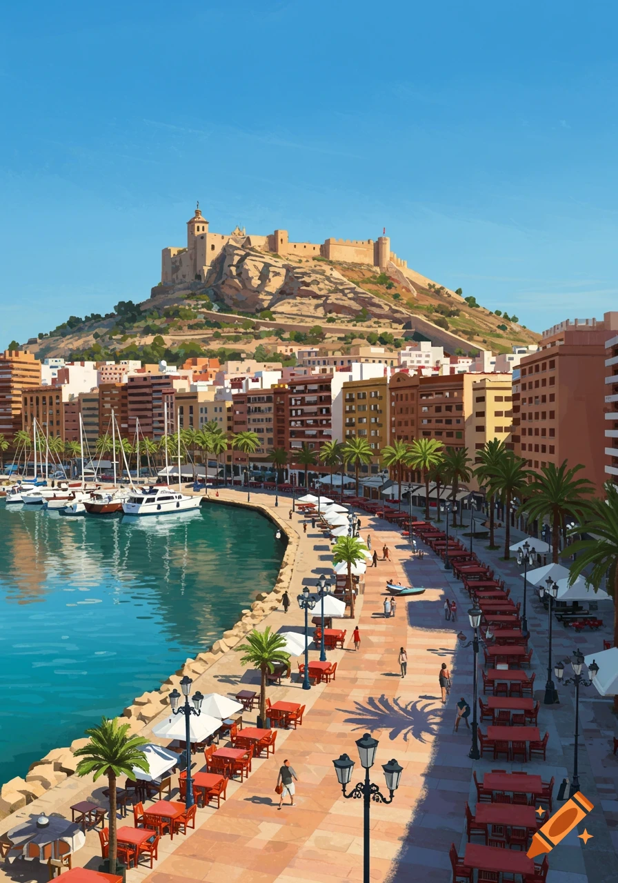 Stylized view of Alicante, Spain, with Santa Bárbara Castle, a harbor, and a waterfront promenade.