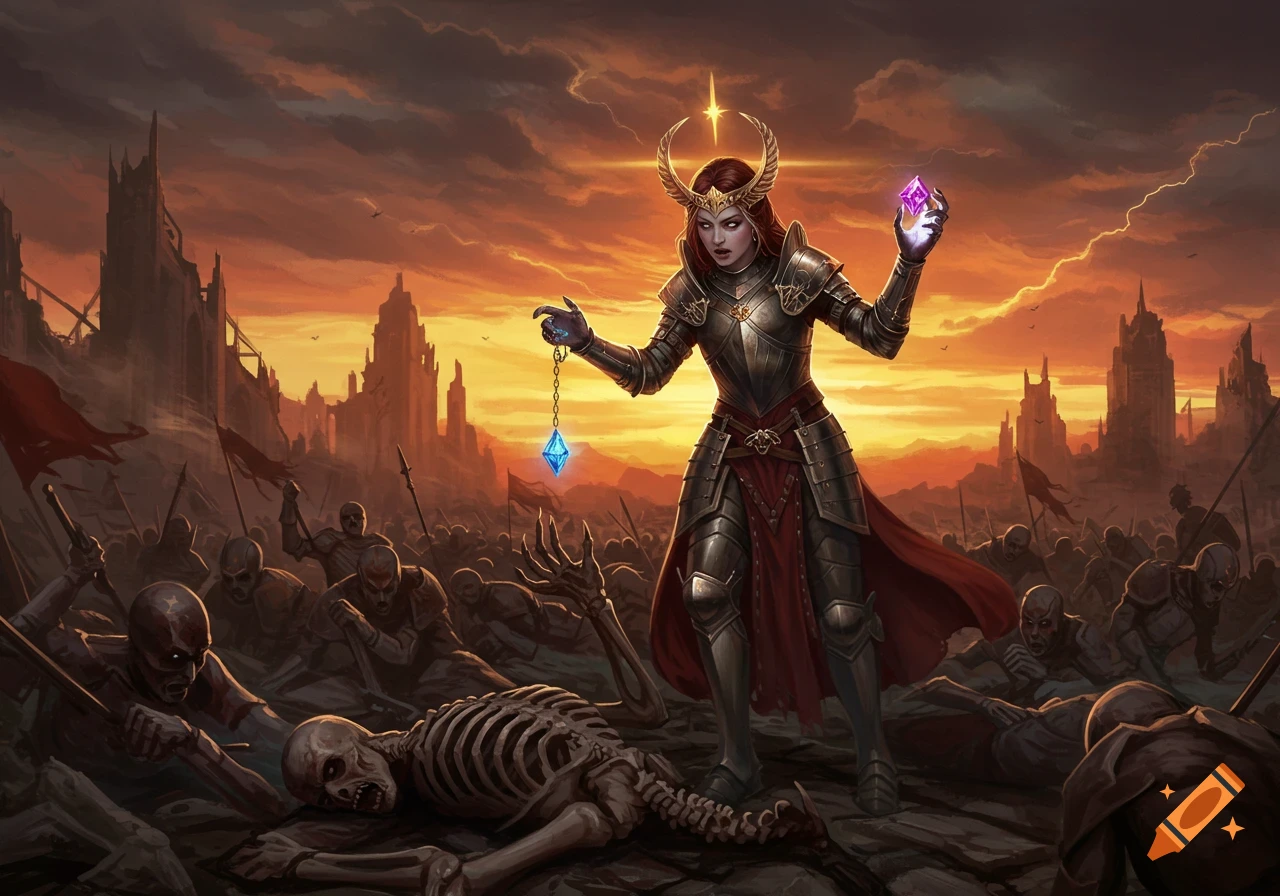 A female warrior in ornate armor holds two glowing crystals on a battlefield filled with skeletons and zombie-like figures, under a fiery orange sky.