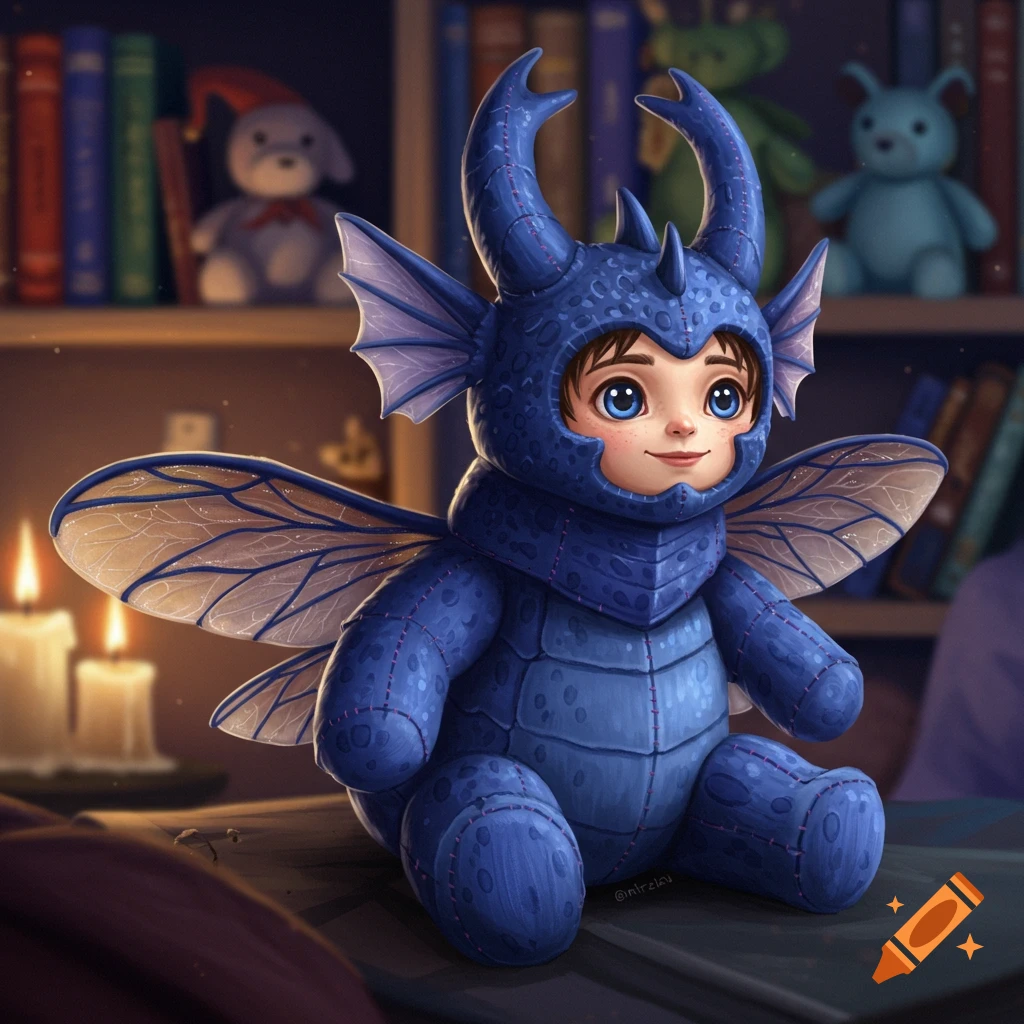 Illustration of a child wearing a blue dragon-beetle plushie costume with wings, sitting in a dimly lit room with bookshelves and candles.